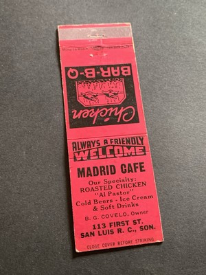 Vintage Mexico Matchbook  Madrid Cafe - B.G. Covelo  San Luis R.C.