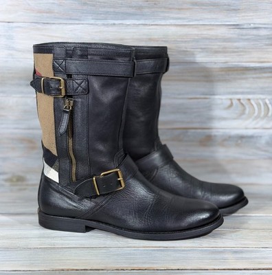 BURBERRY Nova Check Grantville Biker Leder Damen Stiefel Made In Italy