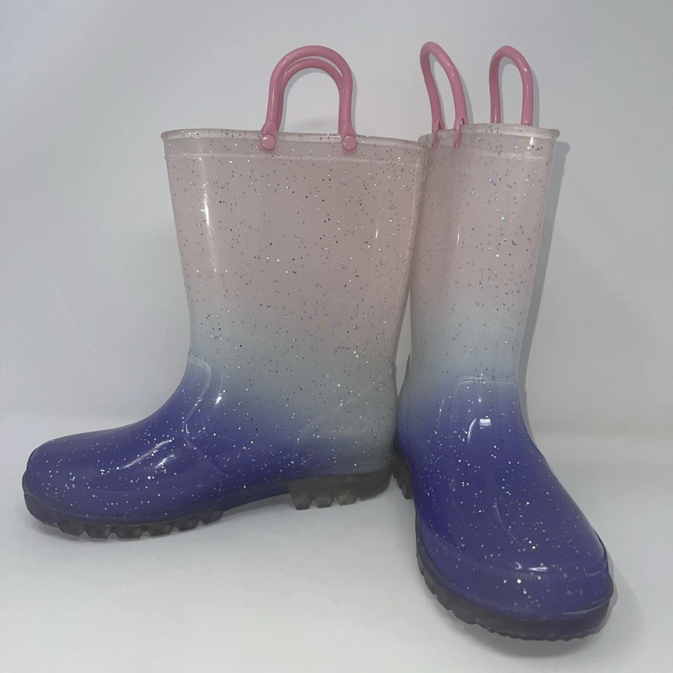 niñas talla 1 Ombre púrpura claro rosa azul arco iris brillo iluminar botas de lluvia Foto 2 de 4