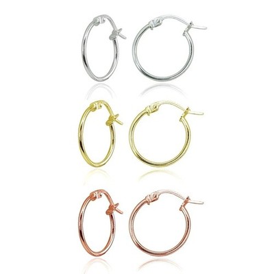 3 Pr Set Silver, Yellow & Rose Gold Flash Small 15mm Round Unisex Hoop Earrings