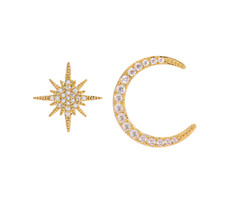 Women 925 Sterling Silver Gold Moon Star Sun CZ Stud Asymmetrical Earrings K77