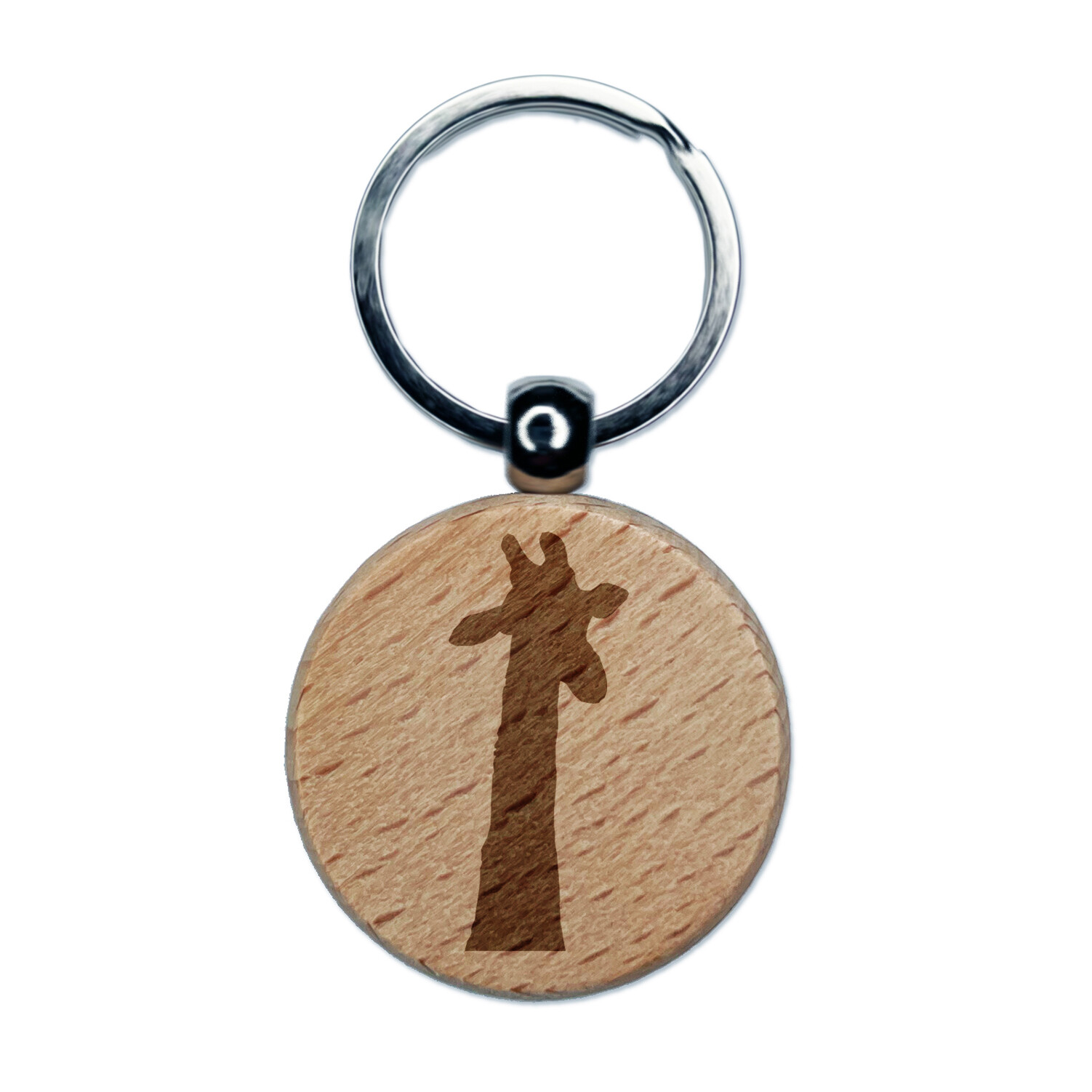 Giraffe Head Solid Engraved Wood Round Keychain Tag Charm