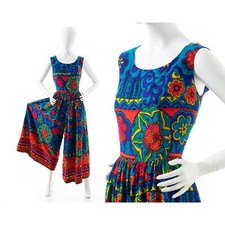 Vintage 1960s 1970s Palazzo Jumpsuit 60s Floral Border Print Barkcloth Hawaiian