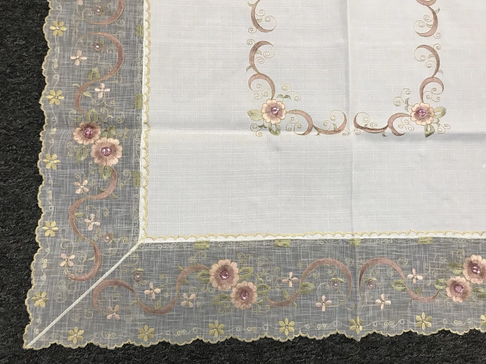 White Embroidery Pink Jeweled Rhine stone 33x33" Square Embroidered Tablecloth - Image 3 of 4