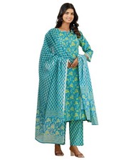 Women's Cotton Printed Straight Kurta with Pant  Dupatta Set