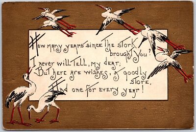 1908 Storks Notes How Many Years Since The Stork Brought You, Vintage Postcard