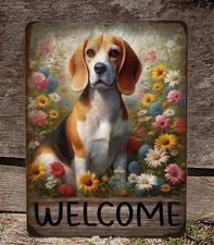 9"x12" Beagle in Wildflowers Primitive Style Welcome Metal SIGN