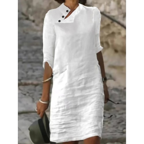 Women Casual Stand Collar Button Cotton Linen Dress Solid Mid Sleeve Shirt Dress - Picture 1 of 22