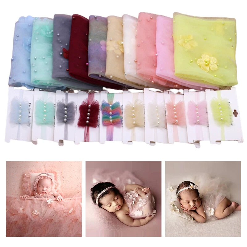 Conjunto de disfraces envolventes de diadema trajes de perlas de encaje accesorios para fotografía de bebé recién nacido 1x Foto 2 de 4