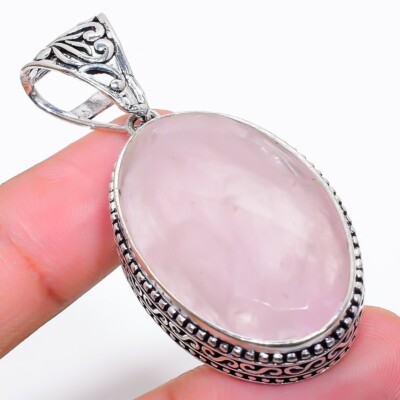 Natural Pink Rose Quartz Gemstone 925 Sterling Silver Jewelry Pendant Size 2.5''