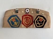 Vintage Russian USSR Soldier Pilotka Hat Beige Medals Pins Garrison
