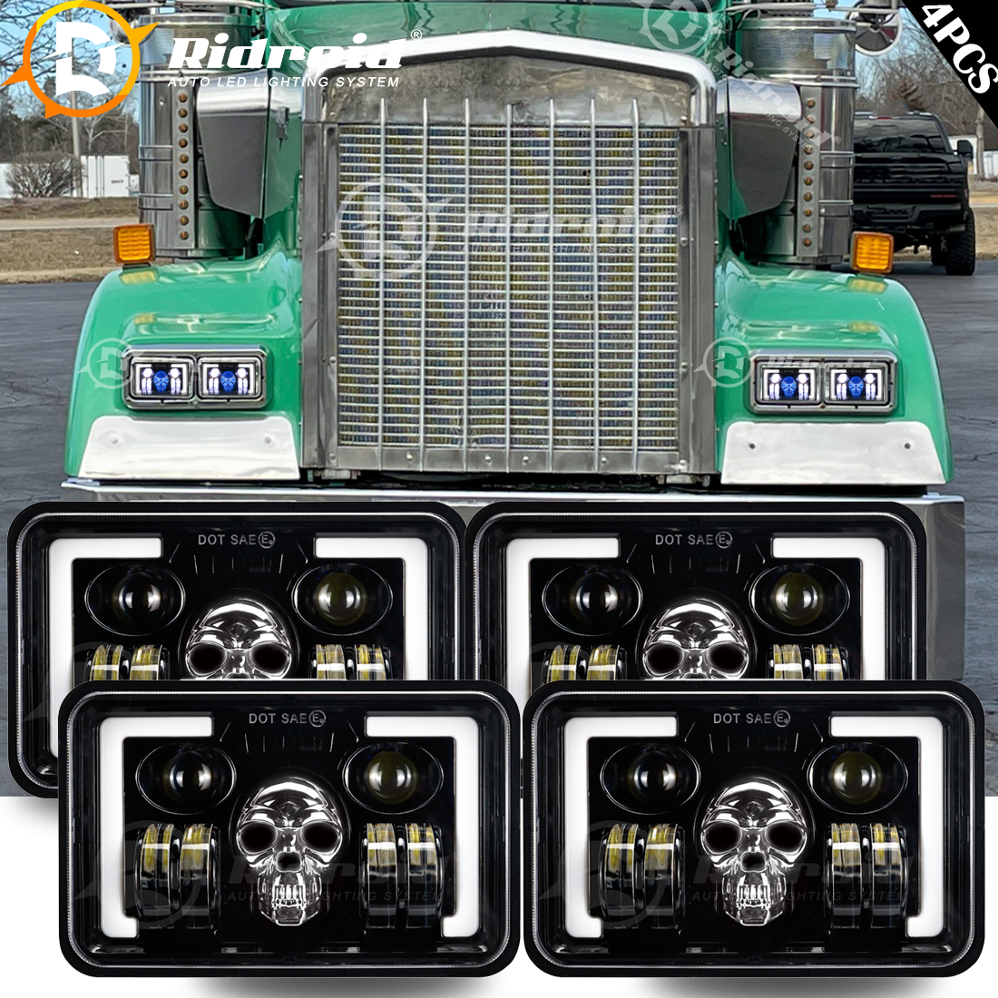4pcs 4x6'' 75W Led Headlights Hi-Lo Sealed Beam For Peterbilt Kenworth