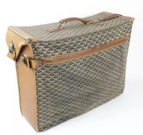 vintage authentic GOYARD LEATHER & woven fiber CANVAS logo SUITCASE decor  piece