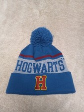 Harry Potter HOGWARTS Beanie Cap Hat Pom Pom Youth Size Blue Preowned Nice