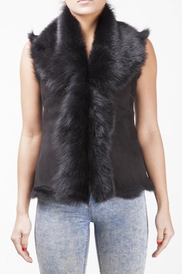 Damen kurze schwarze toskanische Shearling Leder Lammfell Weste Weste