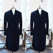 Navy Blue Cashmere Men's Overcoat Peak Lapel Double Breasted Casual Long Jacket