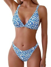 ZAFUL M Women's 2 Piece Floral Print Swimsuit Triangle String High Cut Bikini Se