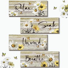 4 Pcs Farmhouse Yellow Bathroom Wall Decor Yellow Daisy Floral Flowers and Bu...