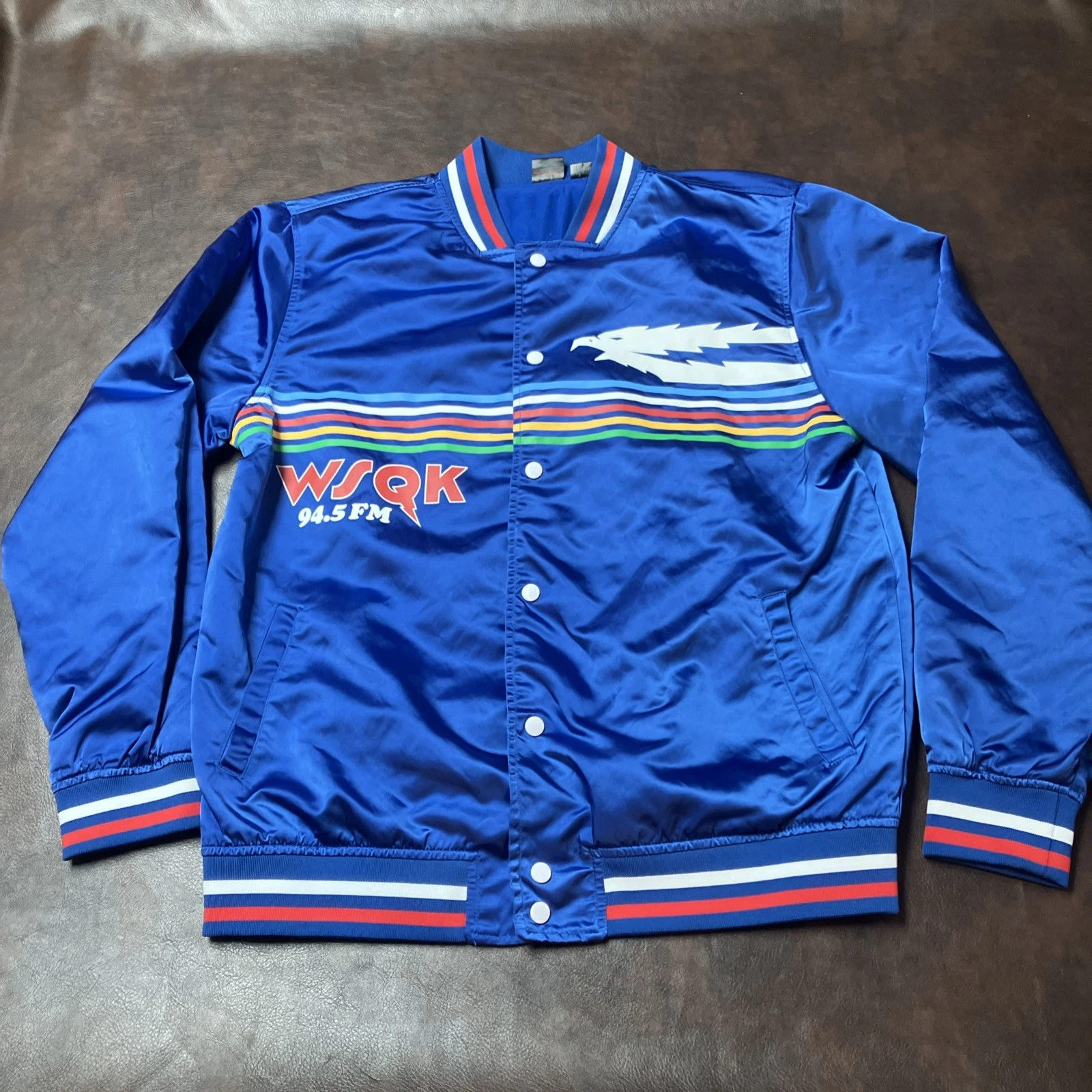 Stranger Things Men’s L Blue Satin Snap Front Retro Bomber Jacket Great Condit. image 1