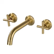 Modern Wall Mount Bathroom Sink Brass Mixer Faucet Tap 2 Handle Brushed Gold NEW