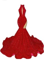 Women's Sequined High Neck Mermaid Evening Dress Asymmtric Cut Prom Party Gown