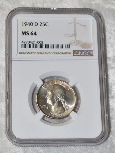 1940 D WASHINGTON 90% SILVER QUARTER DOLLAR NGC MS 64 MS64 DENVER MINT USA COIN