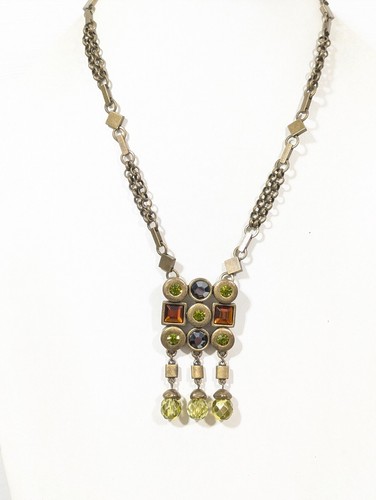 Chicos Bronze Tone Faux Topaz Green Crystal Geometric Tribal Statement Necklace - Picture 2 of 9