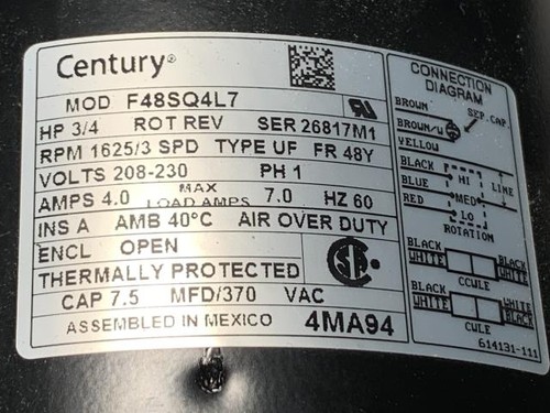 Century 3/4HP Blower Motor - F48SQ4L7 w/Warranty - Picture 2 of 2