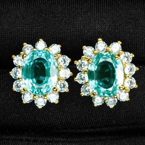 Seafoam Green Paraiba Tourmaline 8Ct 925 Sterling Silver 24K Gold Halo Earrings