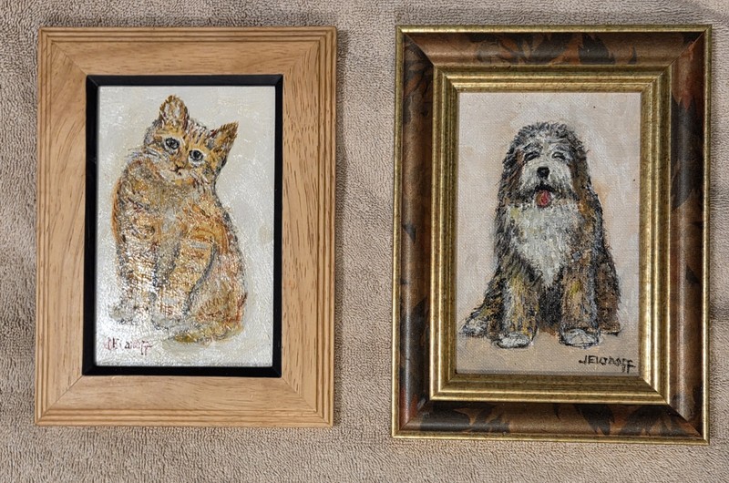 Pair of Original Oil Paintings by Int'l Artist June Anderson Evanuff - Cat, Dog