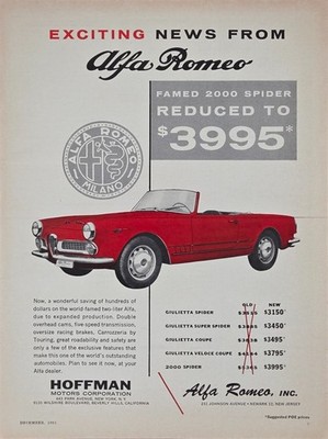 12-1961 Alfa Romeo Famed 2000 Spider, Hoffman USA Magazine Ad. US Mail: $3.60
