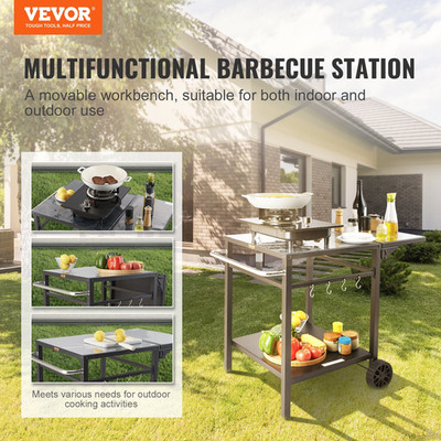 Outdoor Grill Dining Cart with Double-Shelf, Carry Handle