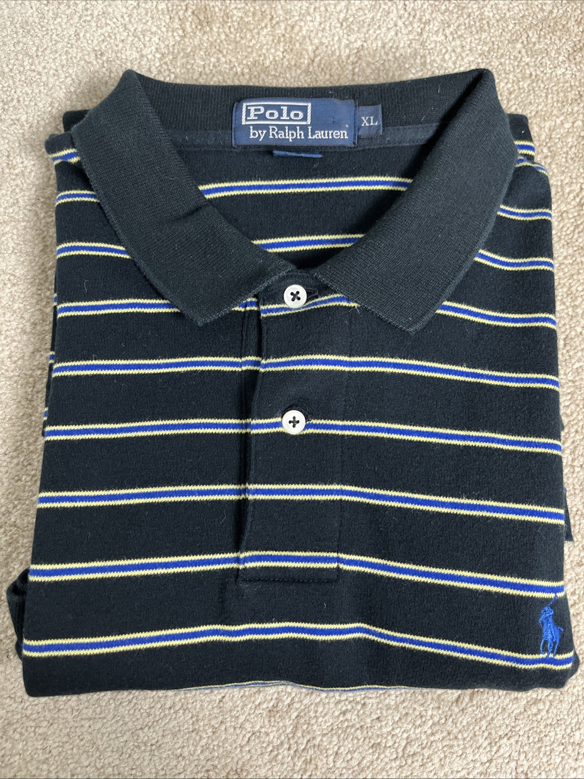 VTG 90s Y2K Polo Ralph Lauren Mens XL Polo Shirt Black Yellow Striped Short Slv