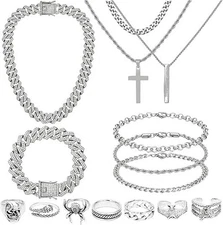 15 Pieces Silver Jewelry Set for Men Stainless Steel Cuban Link Necklace Bracele