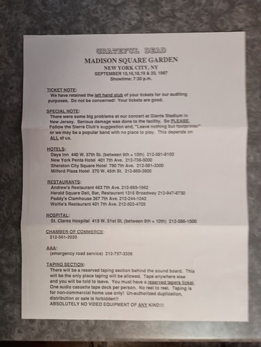 GRATEFUL DEAD concert FLYER DEADHEAD INFORMATION nyc MADISON SQUARE GARDEN 1987