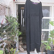 Fringed BLACK Oversized Ankle Length Dress w/2 Fringe Rows & Kimono Sleeve, O/S