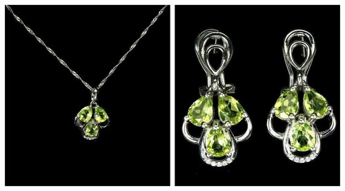 Silver Earring Pendant Peridot Genuine Natural Gems Solid Sterling With Chain - Picture 15 of 24