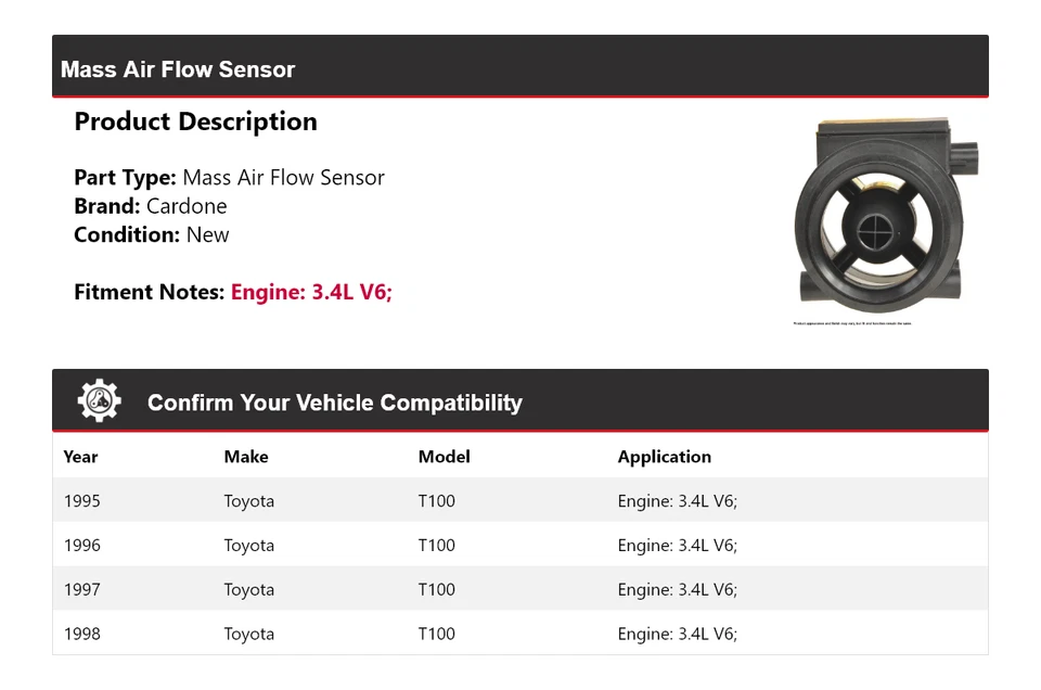 Датчик массового расхода воздуха Cardone 1996 1997 для Toyota T100 3,4 л V6 1995-1998 годов выпуска - Изображение 2 из 4