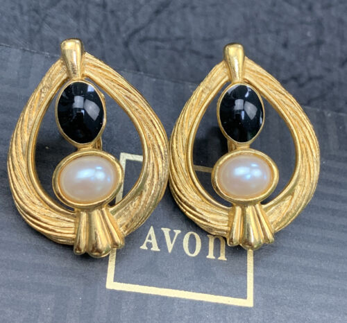 AVON CLASSIC CONTRAST CLIP EARRINGS Black Faux Pearl Gold NIB