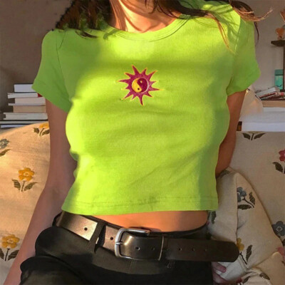Blazing Sun Knitted Crop Top Ying & Yang Hippie Summer Tee Embroidered T-Shirt