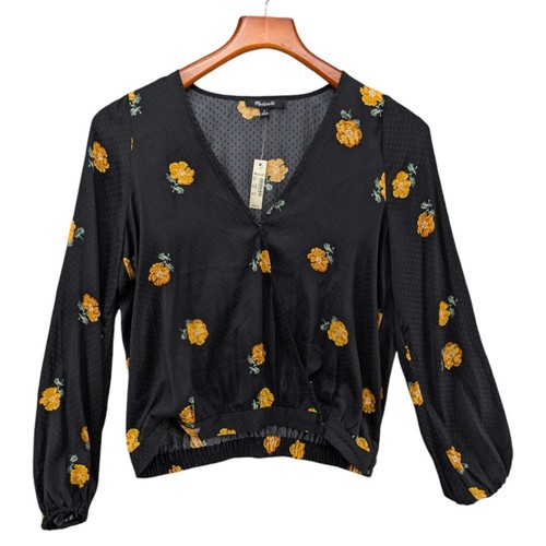 Madewell Blasenärmel Wickel Top Damen schwarz gelb Floating Florets Bluse Gr. S
