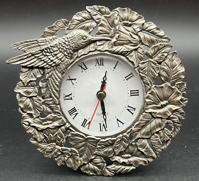 Round Quartz Clock Pewter Hummingbird & Floral Stand Alone for Desk Shelf WORKS