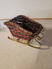 Red & Green Wicker Basket Sleigh Great Christmas Centerpiece Craft Holiday Decor
