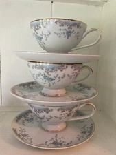 Seville 5303 Imperial China Floral Design Tea Cup Saucer blue roses set of 3