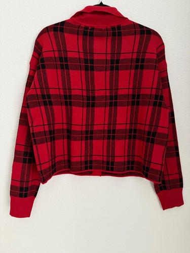 Kathy Ireland Red & Black Plaid Knit Shirt Jacket, Size Large, Collared Neck - Picture 2 of 8