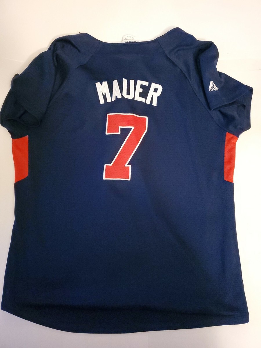 JOE MAUER Majestic Cool Base MINNESOTA TWINS Blue Button Up Jersey Youth L