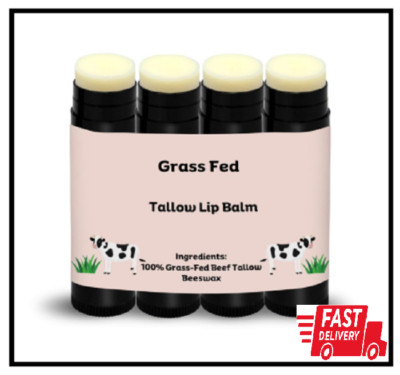 Beef Tallow Lip Balm 100% Organic, 4 Pack, Hydrating Animal-Based Skincare