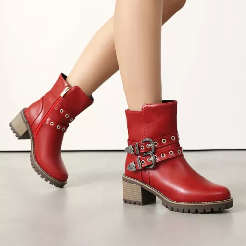 Women Booties Mid Chunky Heel Round Toe Zip Up Casual Buckle Fashion Ankle Boots - Bild 11 von 29