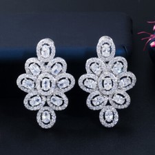 Women Sparkling Cubic Zirconia Geometric Flower Leaf Drop Silver Plated Earrings