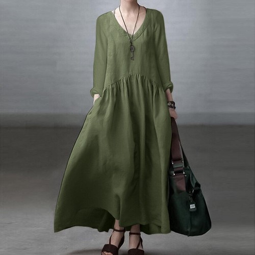 Womens Long Sleeve V Neck Casual Party Evening Oversized Swing Maxi Dress - Picture 27 of 28